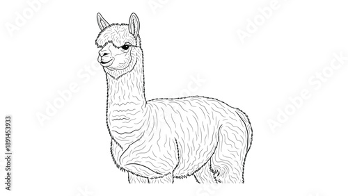 Artistic Alpaca Illustration: A detailed black and white illustration of a graceful alpaca, showcasing its unique features and gentle demeanor. 