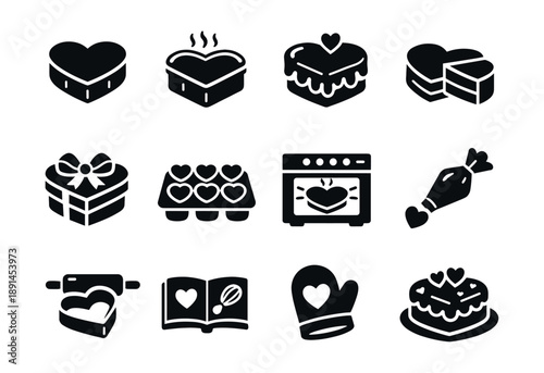 Valentine's Day and baking heart icons set