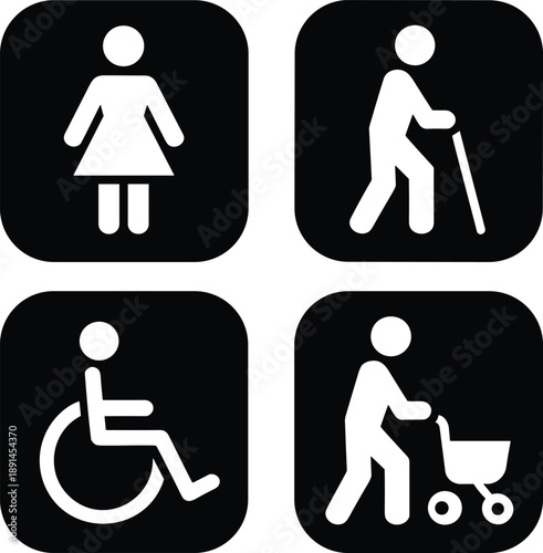 Inclusive public facility pictograms: female restroom, disabled accessibility, senior walking stick, and parent pushing stroller vector icons.