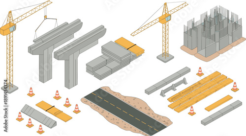 Construction site elements illustration with cranes concrete beams road barriers materials, infrastructure building process equipment isolated on white