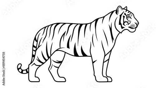 Majestic Tiger in Silhouette: A powerful tiger, rendered in a striking black and white silhouette, stands proud and alert, its iconic stripes boldly defined against a stark backdrop.