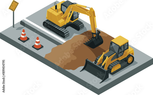 Road construction illustration with excavator and bulldozer, asphalt repair work zone, heavy machinery, infrastructure development isolated on white