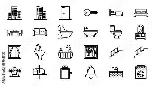 Collection of Simple Black Line Bathroom Icons.