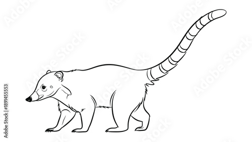 Coati Contour: A detailed contour drawing captures the distinctive form of a coati, showcasing its long, ringed tail and elongated snout against a plain backdrop.