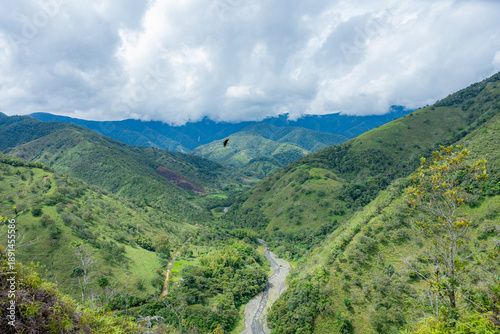 Fotografie Andean landscape with river valley and flying bird