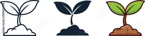 Young plant sprout icon set symbolizing growth and new beginnings in various styles isolated on white background, Vector