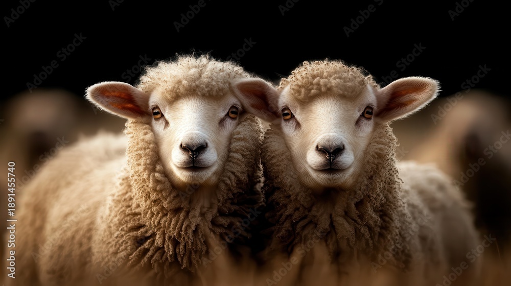 Obraz premium Two fluffy lambs stand close together facing the camera, showcasing their playful and innocent expressions, set against a soft, blurred background typical of a farm.