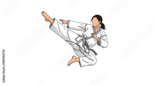 Woman in Karate Uniform Performing a Powerful High Kick in Mid Air for Martial Arts Training and Self Defense.