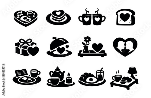 Romantic Love Breakfast Icons Set