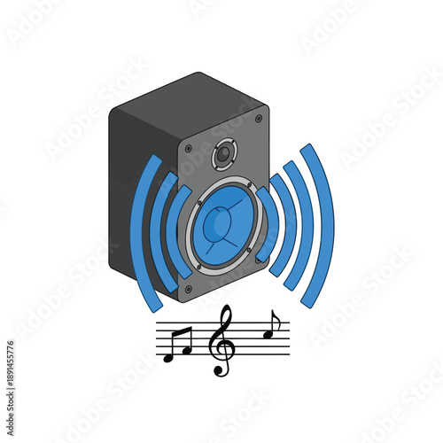 Isometric Loudspeaker Emitting Sound Waves with Musical Notes Icon