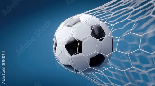 Wallpaper Mural Dynamic Soccer Ball Flying into Goal with Netting in Background on a Vibrant Blue Canvas Torontodigital.ca