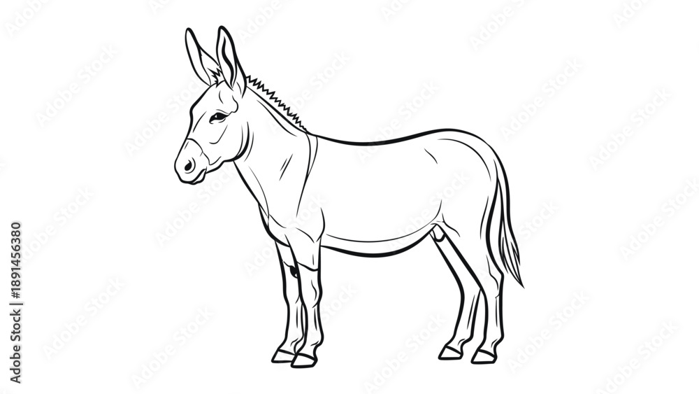 Obraz premium Line Art of a Donkey: A monochrome illustration of a donkey. It has tall ears and is standing. This artwork exemplifies simplicity and a focus on form.