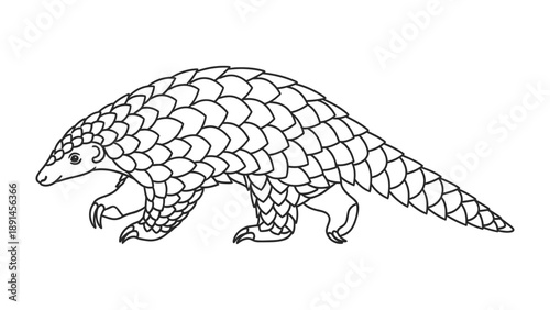 Pangolin Outline: A detailed black and white illustration of a pangolin, a unique mammal known for its scaly armor, in a striking minimalist line art.