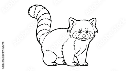 Playful Red Panda in Monochrome: A charming and detailed monochrome illustration of a red panda, its fluffy tail curved gracefully as it gazes directly, ready for your creative coloring
