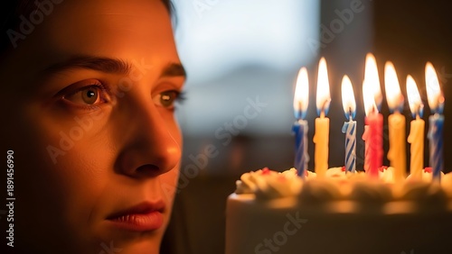 Woman looking at birthday cake with lit candles on it and lit.