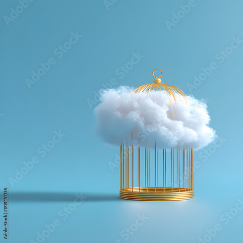 Conceptual 3D render of a fluffy white cloud trapped inside a golden birdcage on a blue background, symbolizing confinement, data security, or restricted freedom.