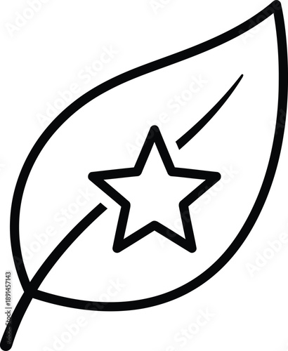 A black and white drawing of a leaf with a star