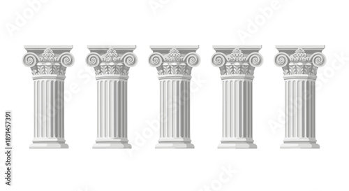 Ornate White Corinthian Column Capitals in a Row Representing Classical Architecture and Ornate Design.