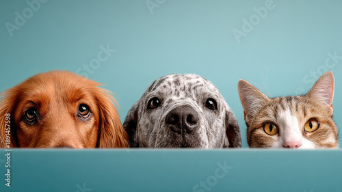 A couple dogs and cat peeking over a blank blue background. © graja