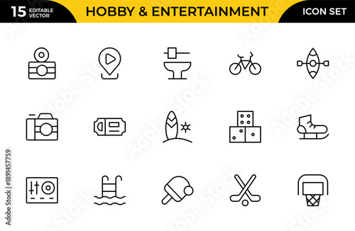 Hobby and Entertainment Line Icon Set – Modern Minimal Editable Pixel-Perfect Linear Icons for Creative Projects, Digital Media and UI Design, Vector Illustration
