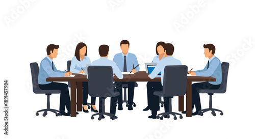 Professional business team meeting illustration with diverse corporate employees collaborating around a boardroom table.