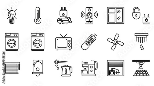 Collection of Simple Black Line Icons for Home Appliances.