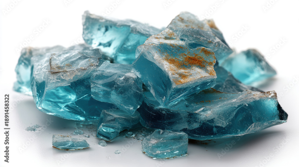 Fototapeta premium Close-up of rough, translucent blue glass shards with earthy inclusions on a white background. A pile of jagged, aqua-colored glass fragments with visible imperfections and a slightly rough texture.