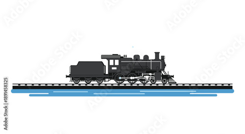 Detailed side profile of a vintage black steam train locomotive operating on tracks above a calm blue water surface.