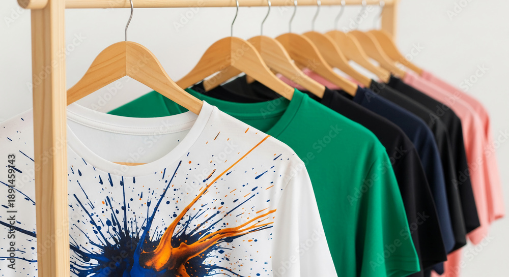 Obraz premium Row of colorful t-shirts hanging on a wooden rack, showcasing different design and color options, representing style, choice, and apparel variety