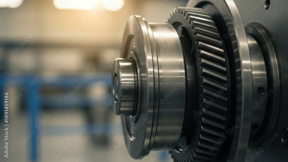 Fototapeta premium Shiny steel gear assembly with focus on bearing. Workshop background