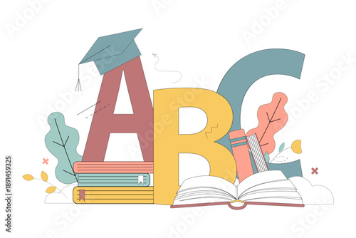 Language learning. Letters A, B, C, books, and a scholar's cap. Language courses. Education.eps