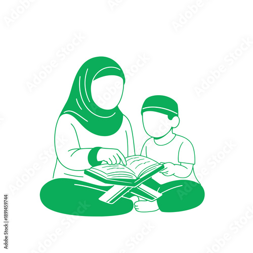 A mother and child reading together in a serene environment from a frontal viewpoint