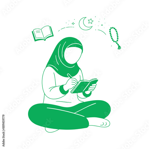 Woman in hijab reading a book surrounded by spiritual symbols in a serene environment from a top viewpoint