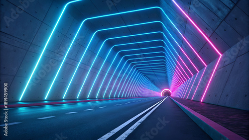 A futuristic tunnel illuminated by vibrant neon blue and pink lights creating a dynamic path