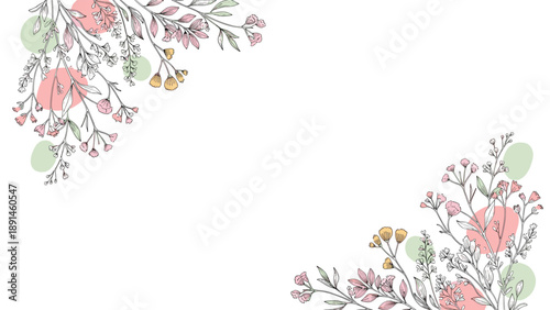 Elegant floral corner frames featuring delicate hand drawn wildflowers and colorful pastel abstract shapes on a clean white background.