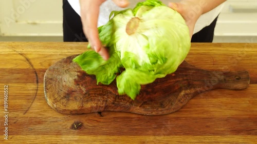 Woman cutting iceberg lettuce for salad
