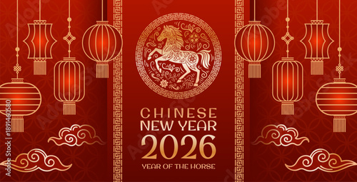 The design for the celebration of the Chinese New Year in the year of 2026 is vibrant and inviting. For advertising, website, poster, sale flyer. A red fire horse.