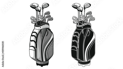 Detailed illustration of two professional golf bags filled with various clubs shown in both grayscale and high contrast black and white.
