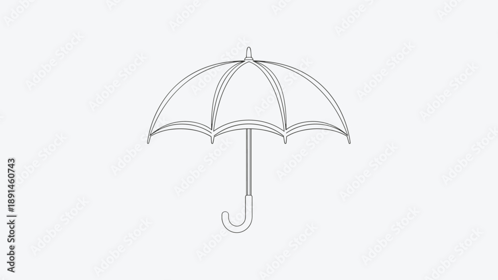 Obraz premium Simple black and white line art illustration showing the outline of a fully opened classic umbrella isolated on a light gray background.