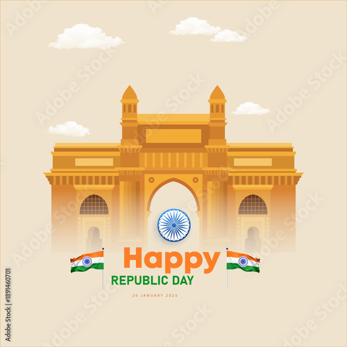 Happy Republic Day India Greeting with Gateway of India - Festive Banner Design