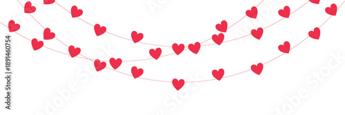 Paper pink heart string. Valentine day garland. Love background. Wedding banner. Happy Holiday decoration. Birthday party bg. Hanging confetti. 8 March card. Vector illustration.