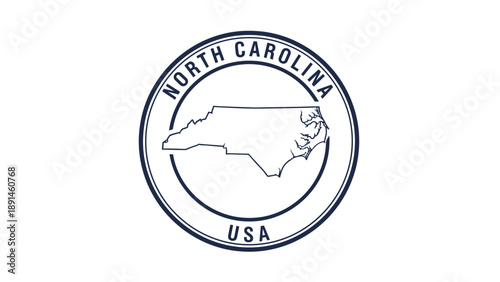 Professional circular stamp design featuring the map silhouette of the state of North Carolina with state and country text on white.