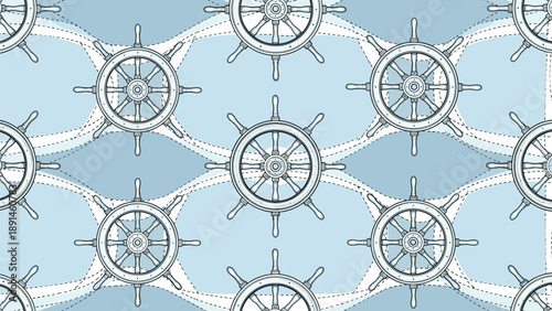 Nautical themed seamless pattern featuring detailed hand drawn ship steering wheels in navy blue and white on a light blue background.