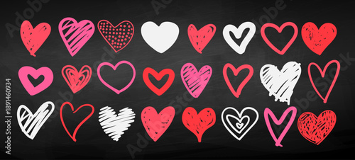 Vector illustration of hand drawn colorful hearts. Love symbol collection on chalkboard background