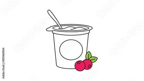 Healthy snack concept showing a simple line drawing of a yogurt cup with a spoon and two pink berries on the side.