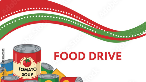 Community Food Drive promotional banner featuring various canned goods below a red and green wave on white background.