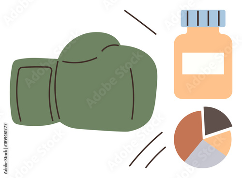 Fitness, health, nutrition, sports training, supplementation, data analysis. Green boxing glove, supplement bottle and pie chart. Fitness and health related to training and supplements