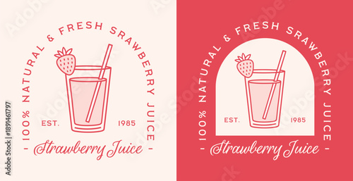 Strawberry juice fresh and 100% natural organic fruit flavor logo packaging product label tag sticker design. Retro vintage girly coquette pink aesthetic drink in a glass red outline drawing print.