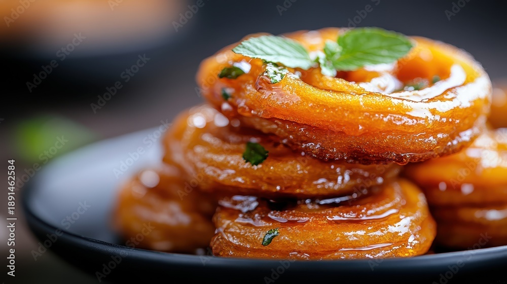 Fototapeta premium A tantalizing presentation of syrupy churros arranged on a plate, garnished with a mint leaf, showcasing the delectable fusion of flavors and textures.