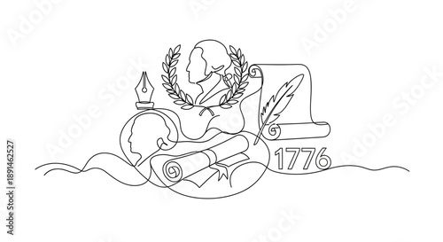 Vintage 1776 illustration with quill, inkwell and scroll